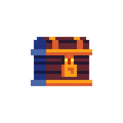 Wooden chest icon. Pixel art icon. Video game 8-bit sprite. Flat style logo. Isolated vector illustration.