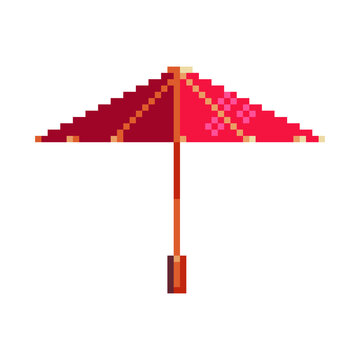 Chinese umbrella icon. Oriental style. Pixel art icins. Isolated vector illustration.