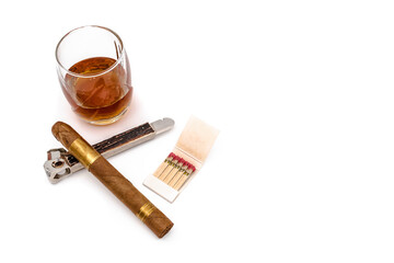 Quality cigars with cognac, cutter and matches