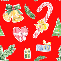 watercolor christmas pattern. new year attributes on a red background. bright print of fabric, postcards