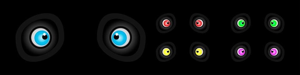 Eyes in different colors on a black background. Set of eyes. 