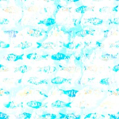 Batik fish tie dye wash background. Mottled underwater swimming fishes for beach swimwear. Fun summer trendy beach fashion print. Digital fluid watercolor effect. High resolution seamless pattern.