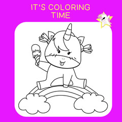 Unicorn coloring worksheet page. Coloring worksheet for preschool. Isolated outline for coloring book. Black and white image for coloring. Vector illustration.