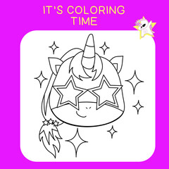 Unicorn coloring worksheet page. Coloring worksheet for preschool. Isolated outline for coloring book. Black and white image for coloring. Vector illustration.