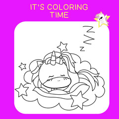 Unicorn coloring worksheet page. Coloring worksheet for preschool. Isolated outline for coloring book. Black and white image for coloring. Vector illustration.