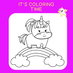 Unicorn coloring worksheet page. Coloring worksheet for preschool. Isolated outline for coloring book. Black and white image for coloring. Vector illustration.