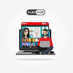 Young man is participating in an online conference.Conference video call. Online communication. Working from home. Remote project management, online education, online lessons.