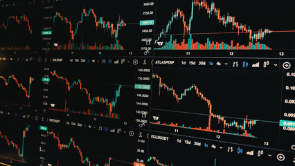 Cryptocurrency trading. Bitcoin graphic. Bitcoin mining. Finance management concept. Money trading. Digital trade. Profit and loss graph. Online trading via internet. Crypto buy and sell.