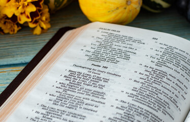 Open Holy Bible Book with fresh fall fruit. Thanksgiving and gratitude to God Jesus Christ for all...