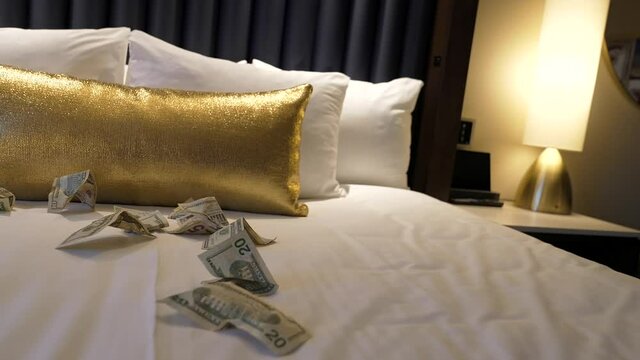 This panning video shows a luxurious hotel bed covered with cash money.