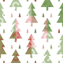 Festive Christmas park with  colourful decorated geometric trees on white background. Abstract seamless vector pattern suitable for wrapping paper, home decor and stationary.