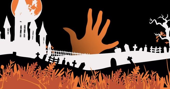 Animation of halloween cemetery, bats and hand on black background