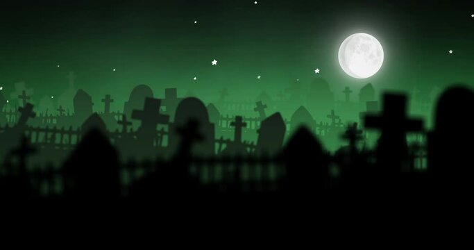 Animation of halloween cemetery and full moon on green background