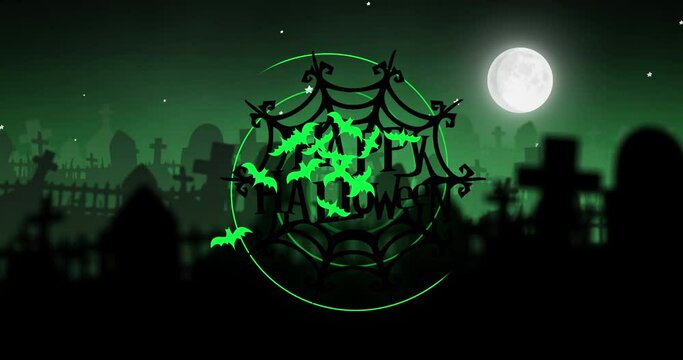 Animation of happy halloween, spiders web, bats and cemetery on green background