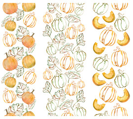 Watercolor orange pumpkin borders set. Silhouette pumpkin seamless borders isolated on the white background. Thanksgiving Day decoration.