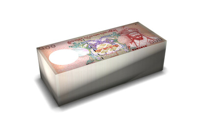 Bhutan 500 Ngultrum Money Stack on White Background