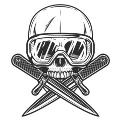 Gangster skull and safety glasses with crossed knives in vintage monochrome style isolated vector illustration