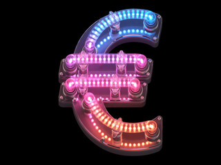 Futuristic led dots light font. Ultraviolet. Euro symbol.