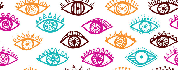 Different open eyes artistic endless pattern. Pop