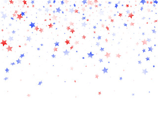 Flying red blue white star sparkles on white vector american patriotic background.