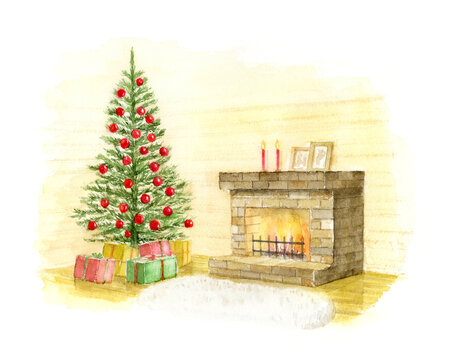 クリスマスツリーと暖炉のある部屋の水彩イラスト