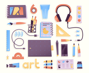 Set of art or school supplies in one color palette. Set of flat style elements, icons for artists and designers. Set of artist, student, pupil, teenager. Graphic tablet, pencils, pen, sketchbook etc.