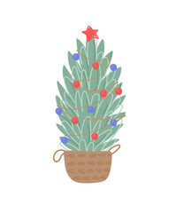 hristmas tree in a wicker basket. Vector illustration in flat style on a white background