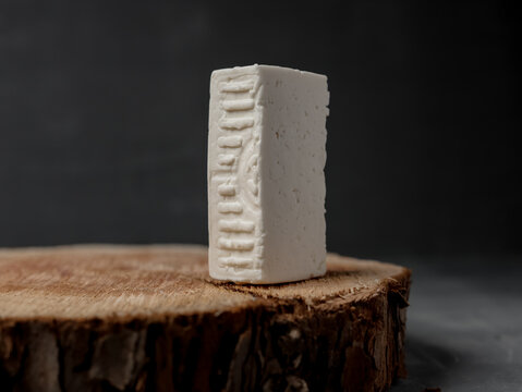 a slice of feta cheese on a wooden stand on a dark background