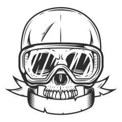 Builder construction skull without jaw and safety glasses with ribbon vintage monochrome style illustration