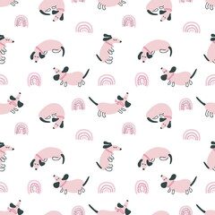 Pastel colored seamless pattern of dachshunds and rainbows. Perfect for T-shirt, textile and prints. Hand drawn illustration for decor and design.