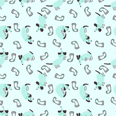 Pastel colored seamless pattern of playing dachshunds and socks. Perfect for T-shirt, textile and prints. Hand drawn illustration for decor and design.