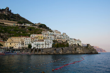 AMalfi, Italy : 03 april 2019 : Panoramic view of beautiful Amalfi on hills leading down to coast, Campania, Italy. Amalfi coast is most popular travel and holiday destination in Europe.
