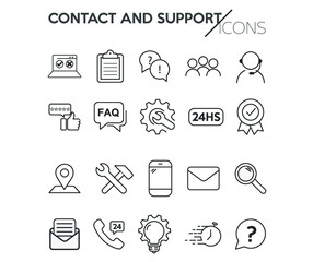 Contact and support thin line icons.Assistance, email, customer, 24 hrs, service, contact, location. Vector illustration.