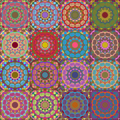 Vector seamless geometric pattern, patchwork, mandala. Vintage decorative collage. Indian, Arabic, Turkish motifs for printing on fabric or paper. Abstract colorful mosaic-style drawing.