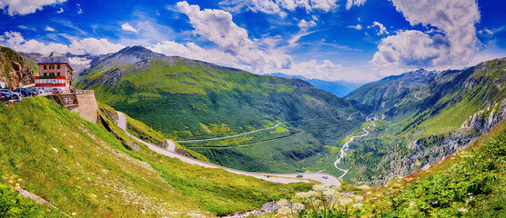 Blick vom Furkapass ins Rhonetal, Wallis, Schweiz - obrazy, fototapety, plakaty