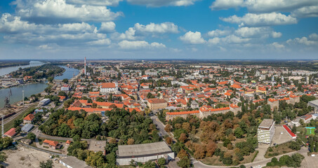 Aerial view of Komarno, Slovakian border town on the Danube river with historic center