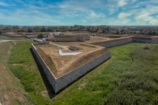 Aerial view of Csillagerod or star fort newly restored fortification multi function conference center with casemates in Komarom Hungary part of a larger complex fortification system around the border