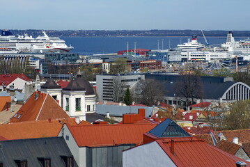 Overhead view of the Old Town, Tallinn, Estonia, with the port in the distance