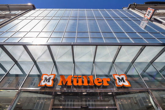 BELGRADE, SERBIA - MAY 18, 2018: Muller logo on their shop in Ljubljana. Mueller, or muller, is a drogerie, drugstore chain of retail stores that sells cosmetics, healthcare items, household products 