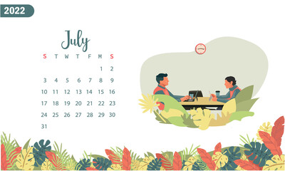 Calendar template for July 2022 with the week starting on Sunday. with the addition of simple illustrations and eps 10, the natural leaf theme is easy to apply to all media.