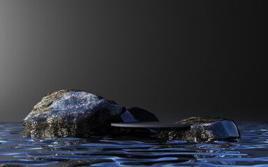 Minimal scene with podium. Gold and black marble scene. Trendy for banners, promotion, cosmetic product show. Geometric shapes on wet water 3d render