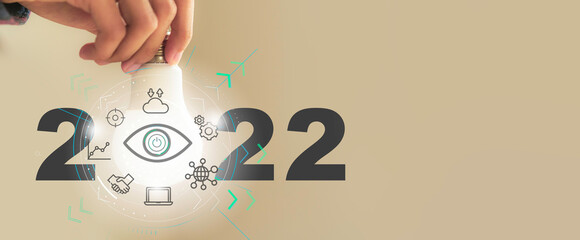 Digital marketing Technology trend in 2022, .Energy, Plan, Strategy, Goals with led light.Motivation, vision, mission idea Solution of 2022, planning business.Calendar background.Digital link tech.