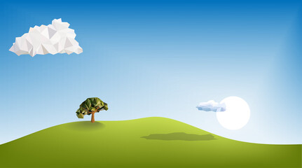 spring summer landscape template background, Green tree on green glass with sunrise and blue sky background, low poly modelling tree and cloud icon, vector art and illustration.