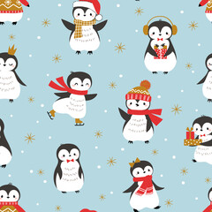 Christmas vector seamless pattern with cute little penguins on blue background. Christmas wrapping paper for children - 463327790