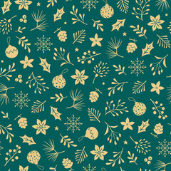 Christmas vector seamless pattern with gold winter floral elements and Christmas tree decorations on green background. Christmas and New Year wrapping paper.