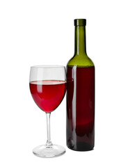 Glass and bottle of delicious red wine on white background