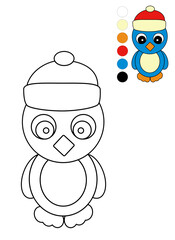 Coloring Page with Christmas Penguin in a Hat.
