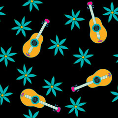 Floral Seamless Pattern. Simple Colorful Background with Flower and Guitar.