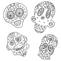 Set of Black and White Traditional Mexican Hand Drawn Skull.