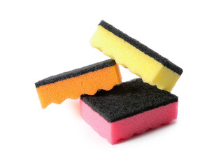 Different cleaning sponges on white background
